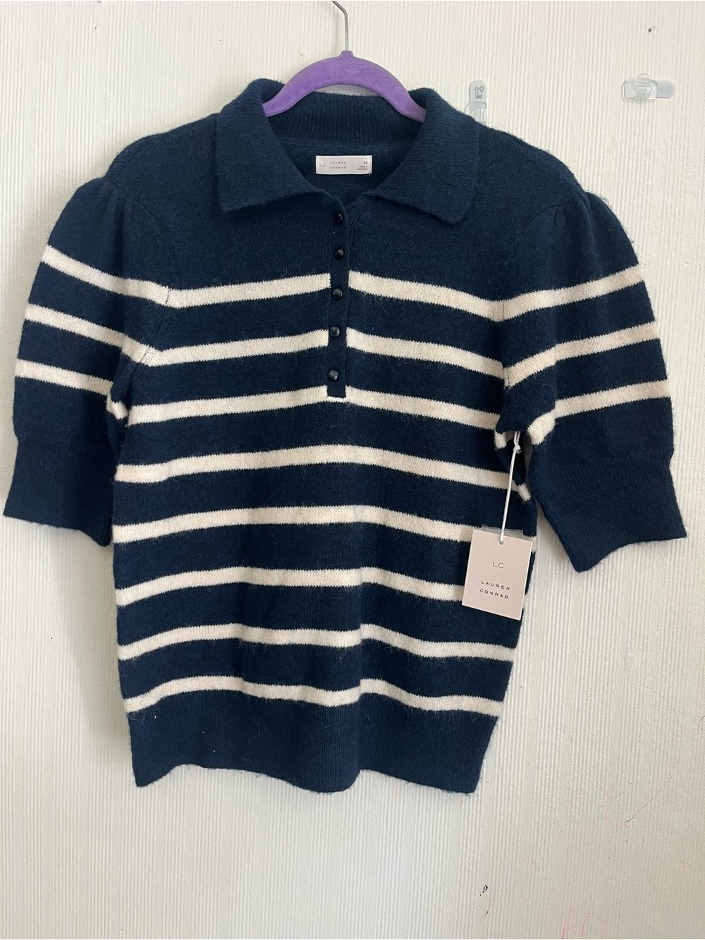 LC Lauren Conrad Navy & White Striped V-Neck Polo Sweater